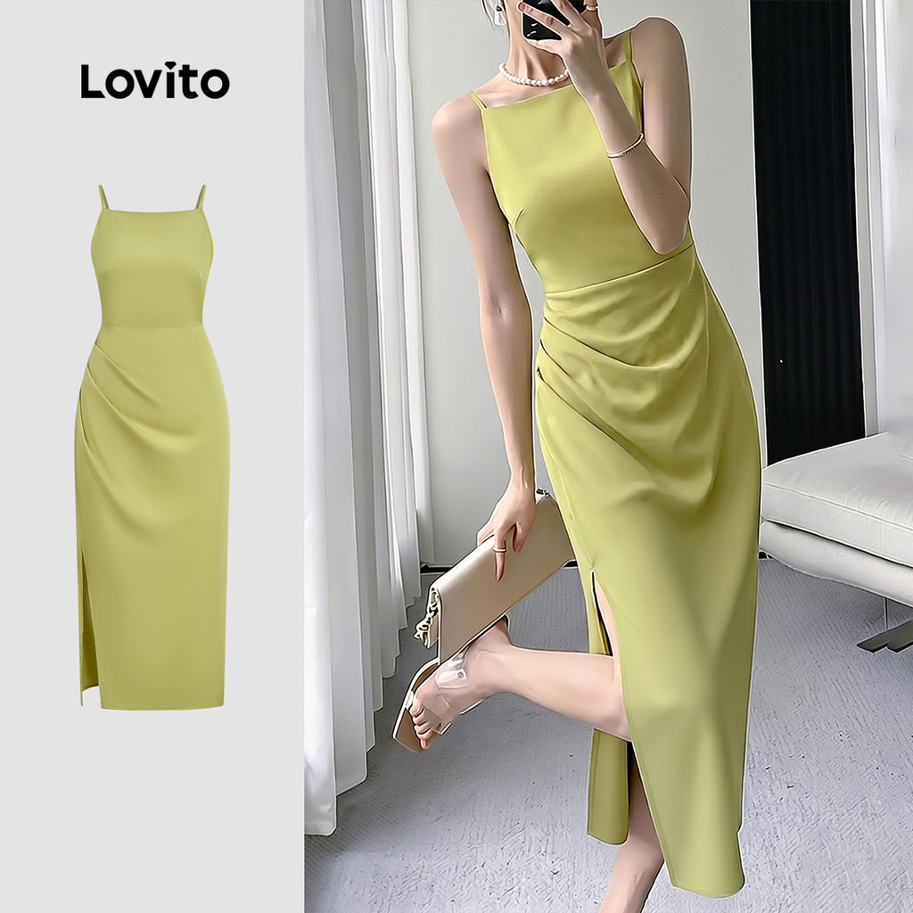 Lovito Vestido Feminino Casual com Pregas e Frente Dividida Verde