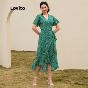 Lovito Vestido Feminino Com Fenda e Babados Estampa Bolinhas
