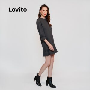 Lovito Vestido Feminino em Malha Tricot com Babados na Barra
