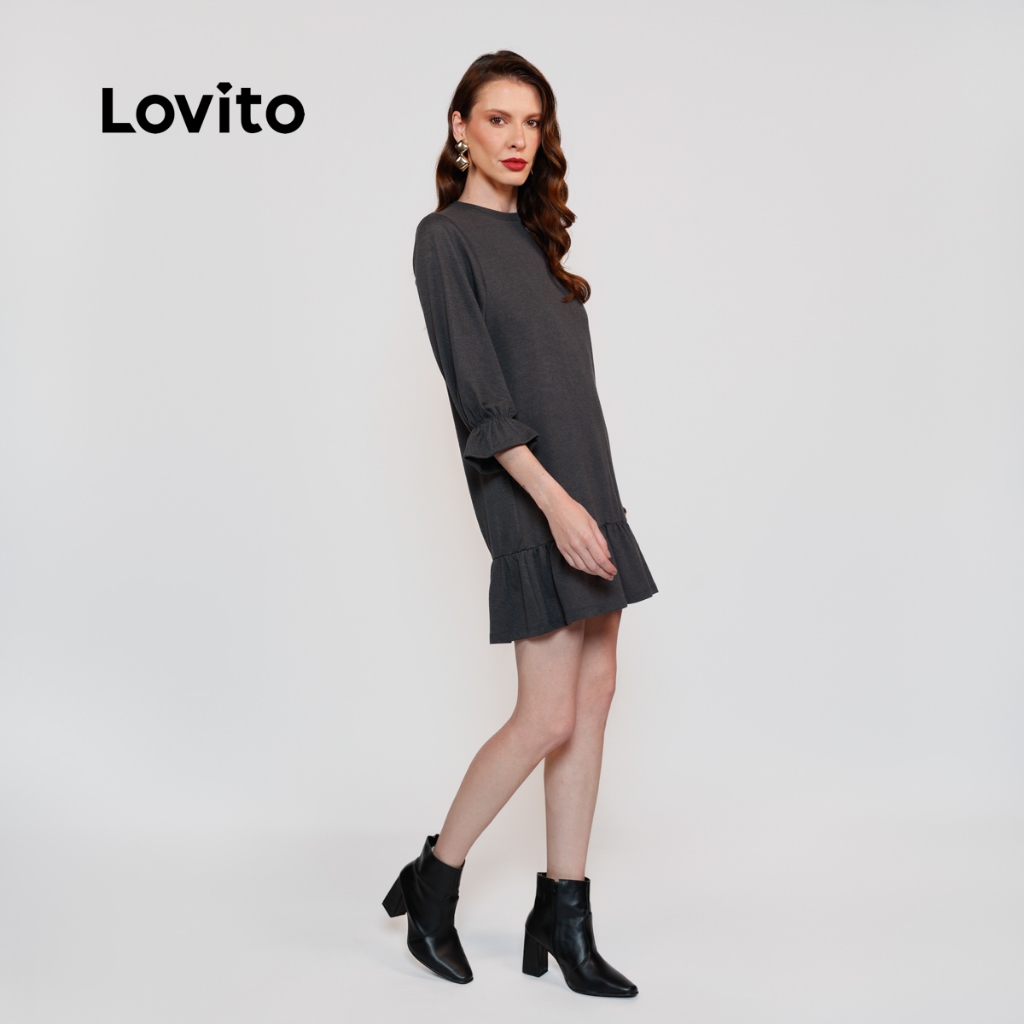 Lovito Vestido Feminino em Malha Tricot com Babados na Barra