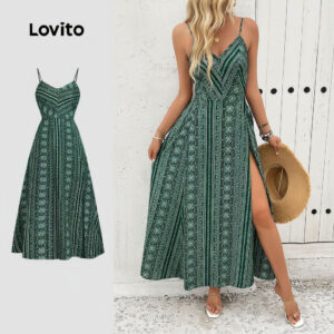 Lovito Vestido Feminino Estilo Férias Abertura Frontal Verde Estação