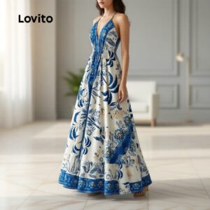 Lovito Vestido Feminino Férias com Laço Primavera Verão Bordado