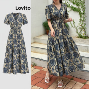 Lovito Vestido Feminino Férias Tribal com Estampa Frontal em Camadas