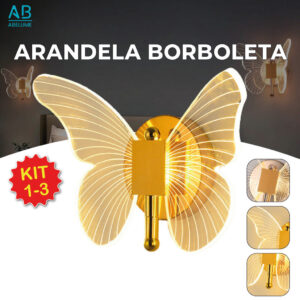 Luminária Arandela Borboleta Dourada LED de Parede 3 Tons de Luz