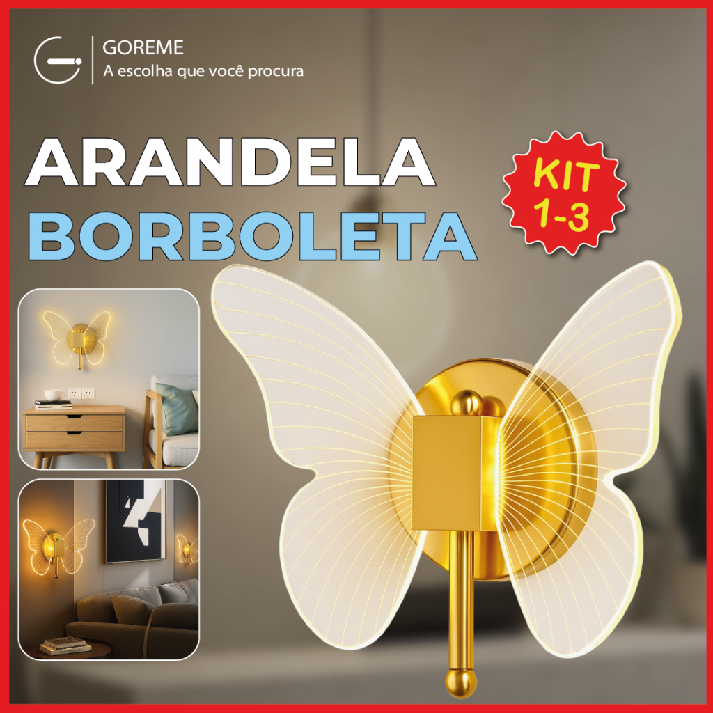 Luminária Arandela Borboleta Dourada LED de Parede 3 Tons de Luz — Decoração