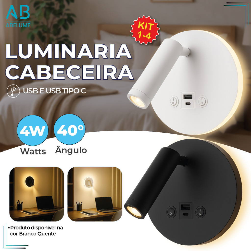 Luminária Arandela Cabeceira Led 8W Recarregável Branco ou Preto Luz — Decoração