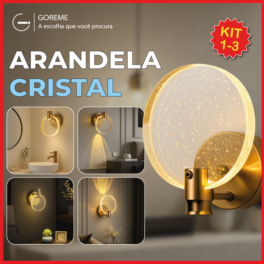 Luminária Arandela Cristal Led Redonda Dourada de Luxo Moderna Luz