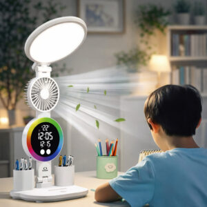 Luminária de Mesa com Ventilador LED RGB Relógio Digital Touch Tipo C