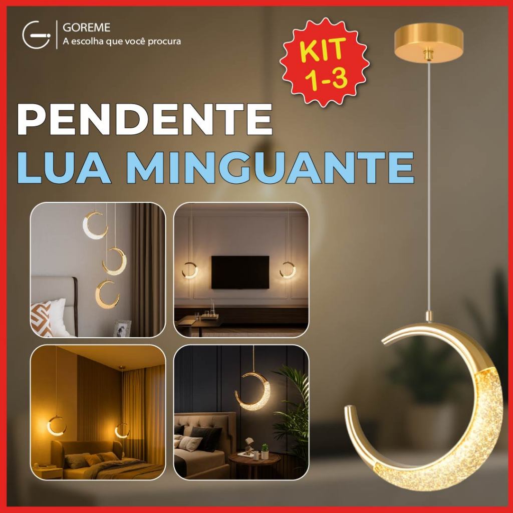 Luminária Lustre Pendente Led Lua Crescente Minguante Dourado Luz