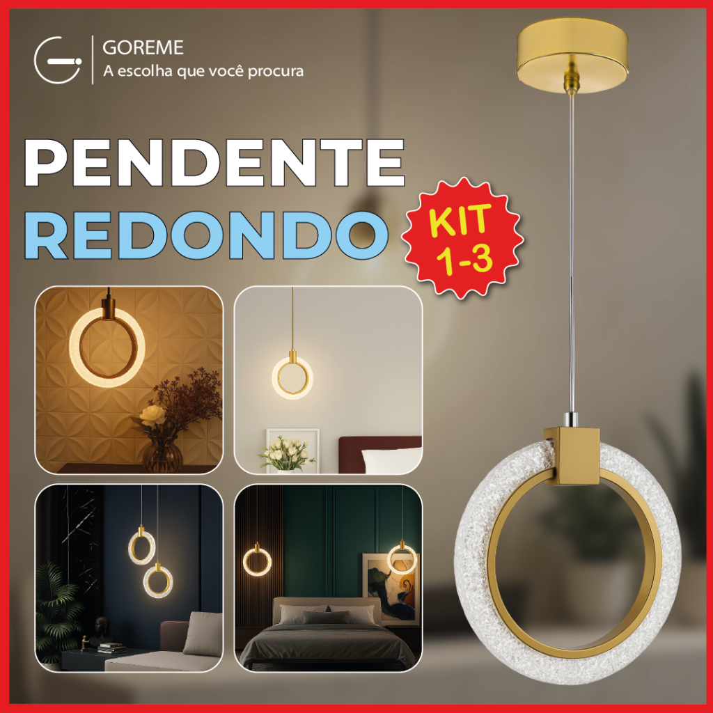Luminária Pendente Anel Arco Redondo de Cristal Led Dourado Moderno