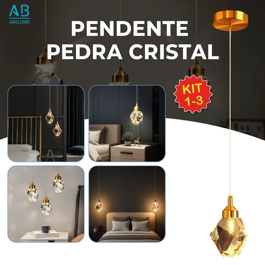 Luminária Pendente Pedra de Cristal Led de Luxo Moderno Dourado 3