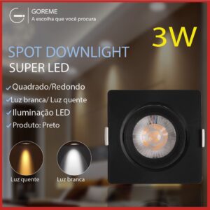 Luminária Spot Led Quadrado Direcionável 3W Embutir Gesso Teto Preto