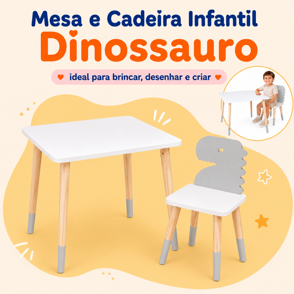Mesa Cadeira Infantil Dinossauro Madeira Brinquedo Mobiliário Quarto