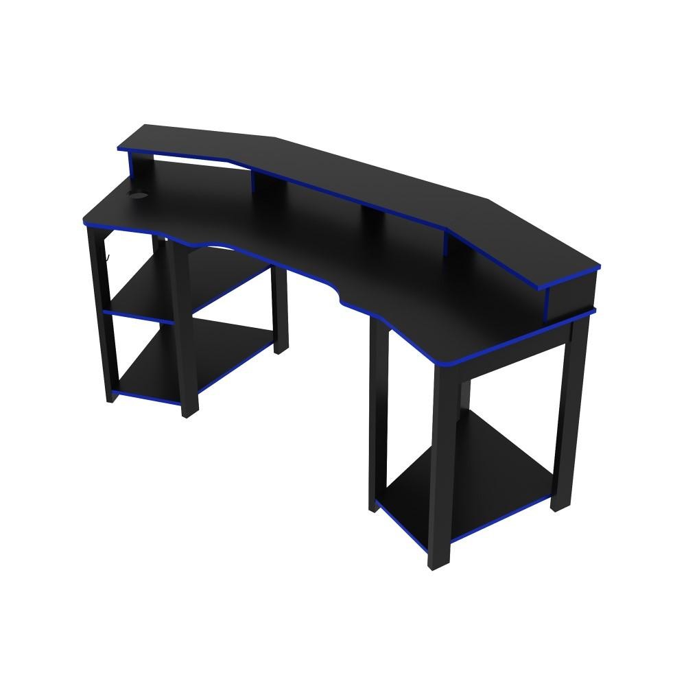 Mesa Gamer Escrivaninha 3 Prateleiras Cpu Quarto Preto Azul