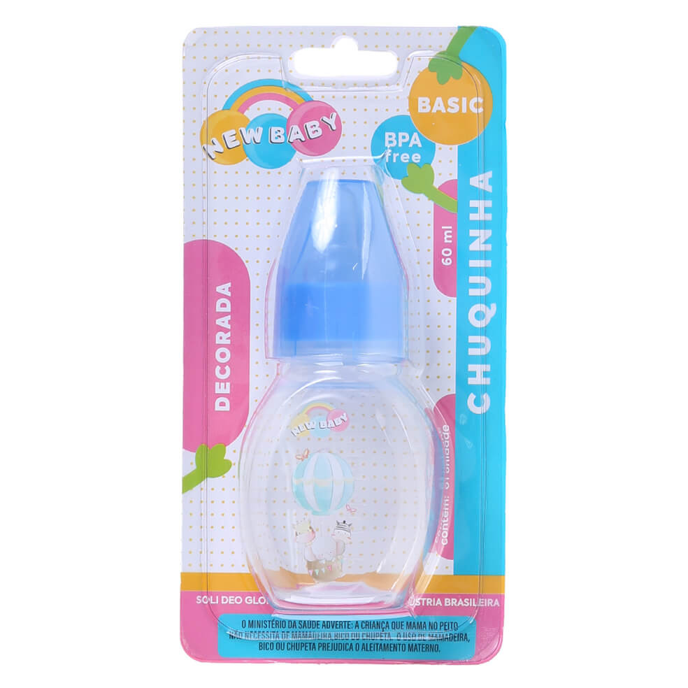 Mini Mamadeira New Baby Chuquinha Bico Pvc Decorada Azul 60ml