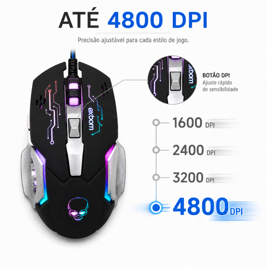 Mouse Gamer Exbom Design Ergonômico LED RGB Plug and Play 4800 DPI 6 — Informática