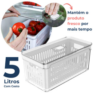 Organizador de Geladeira 5L Acrílico Com Cesto Drenagem para