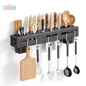 Organizador de Utensílios de Cozinha em Aço Inox Preto com 8 Ganchos