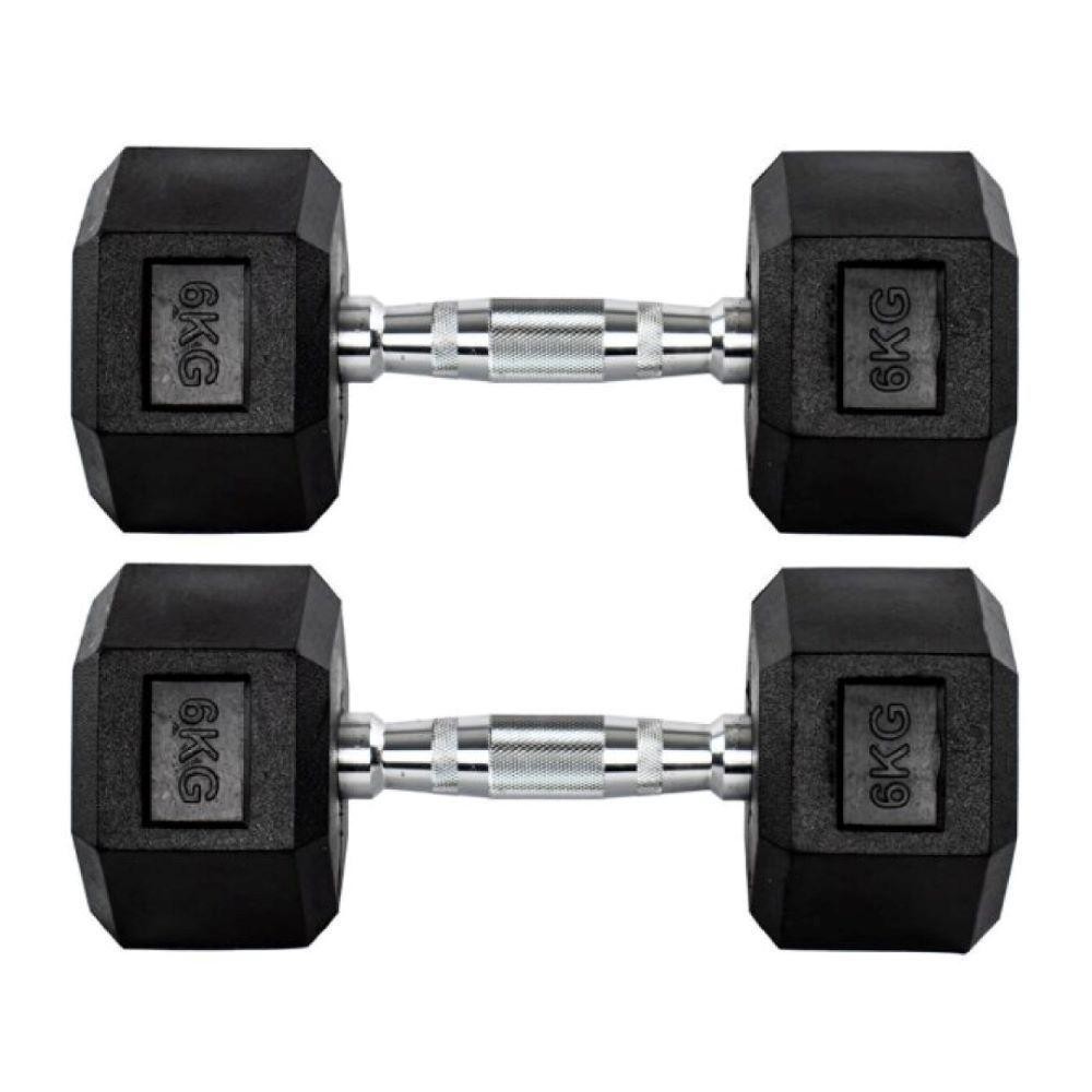 Par Halteres 6kg 6kg Dumbbell Sextavado Emborrachado Pegada Cromada