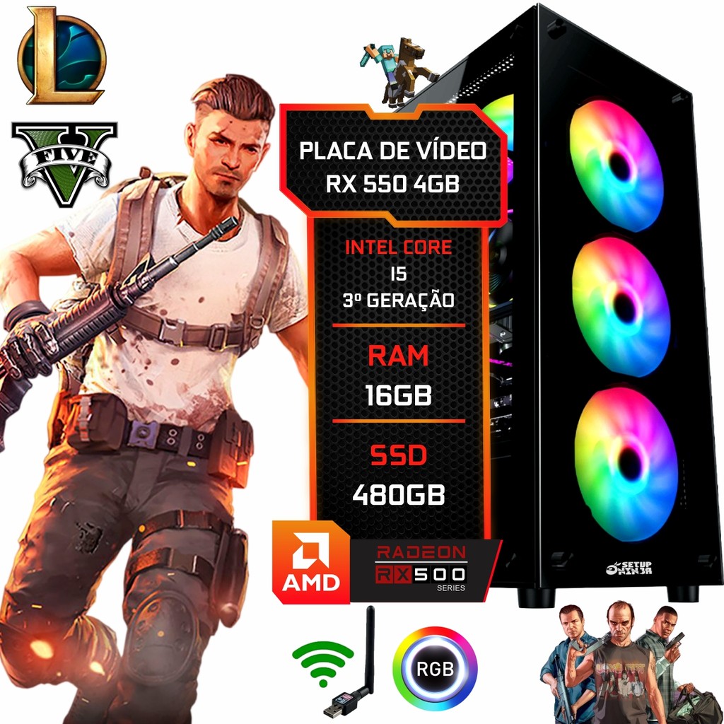 PC Gamer Setup Ninja RX 550 4GB, Intel I5, 16GB RAM, SSD 480GB, Fonte