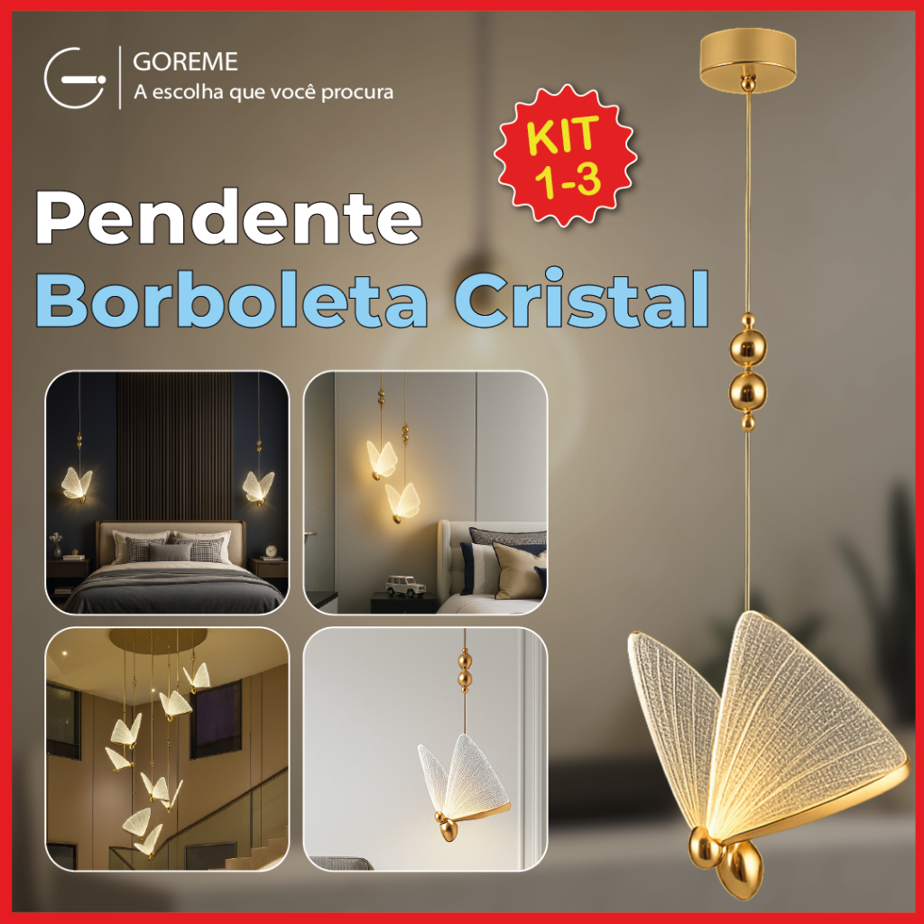 Pendente Luminária Dourada Borboleta Led 3 Cores de Luz Lâmpada de