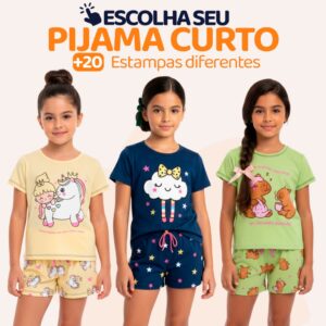 Pijama Infantil Menina Manga Curta Fresco com Estampas Fofas e