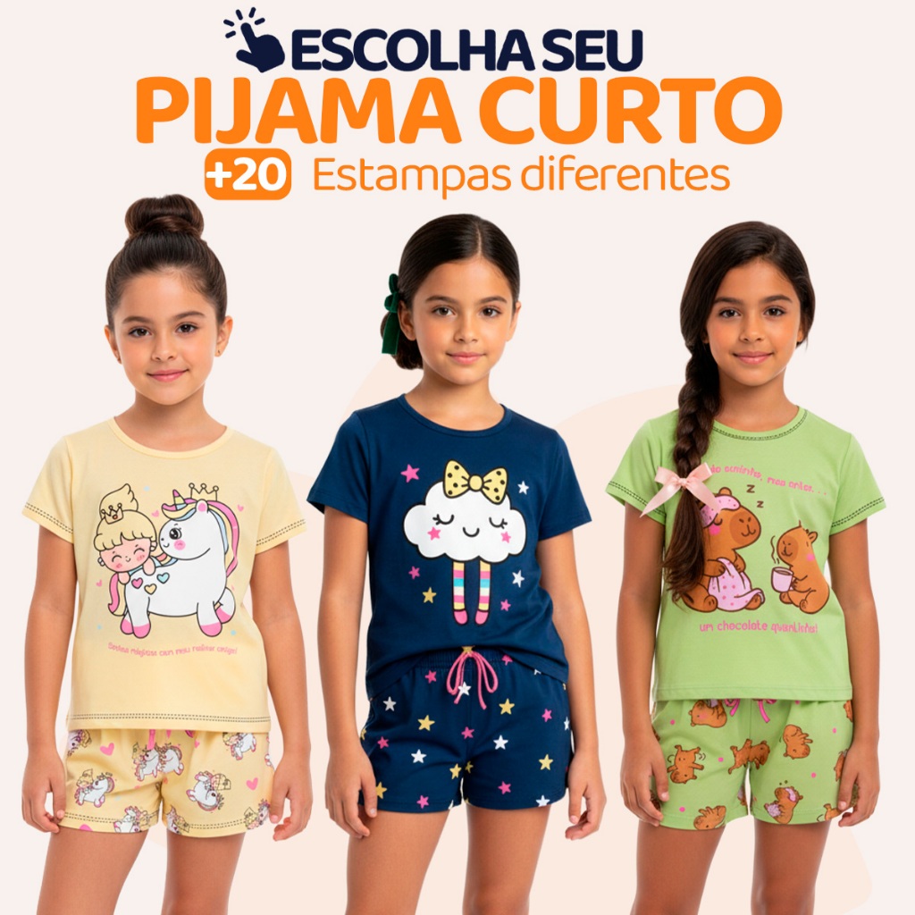 Pijama Infantil Menina Manga Curta Fresco com Estampas Fofas e