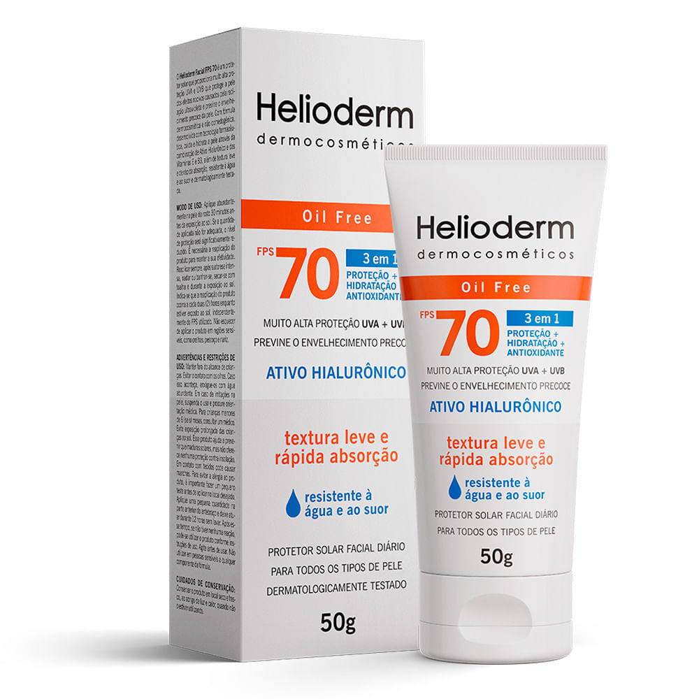 Protetor Solar Facial Helioderm Oil Free 3 em 1 Fps 70 Sem Cor 50g — Skincare