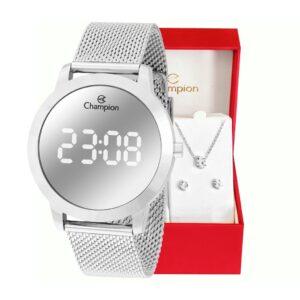 Relógio Champion Feminino Digital Prata Espelhado Pulseira Mesh Colar