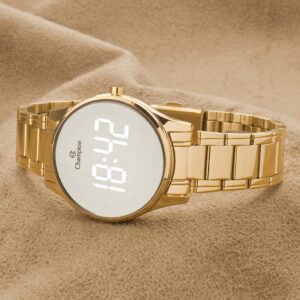Relógio Digital Dourado Feminino Champion Espelhado Kit Colar e