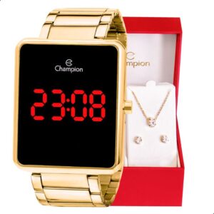 Relógio Digital Feminino Champion Dourado Original Kit Colar e