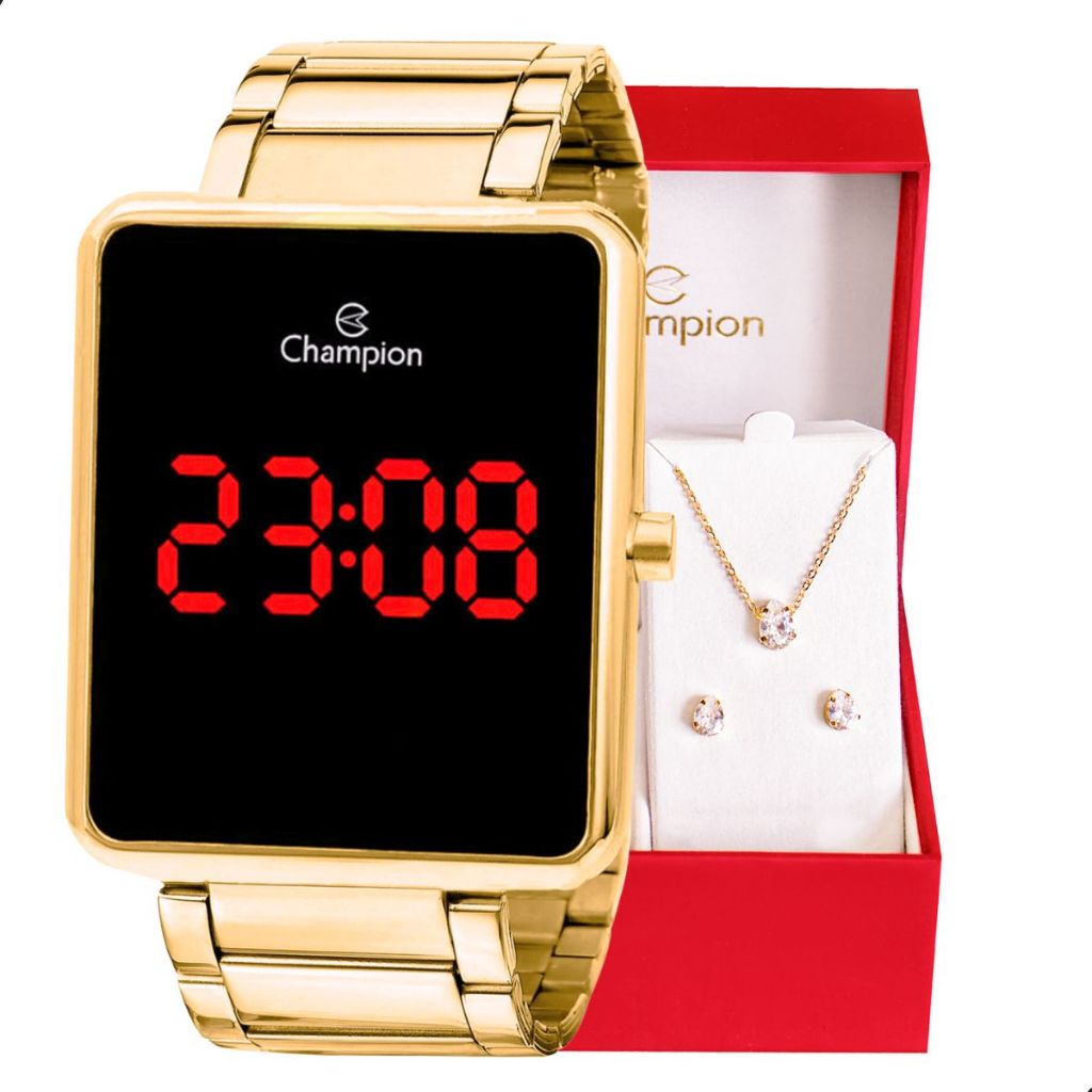 Relógio Digital Feminino Champion Dourado Original Kit Colar e