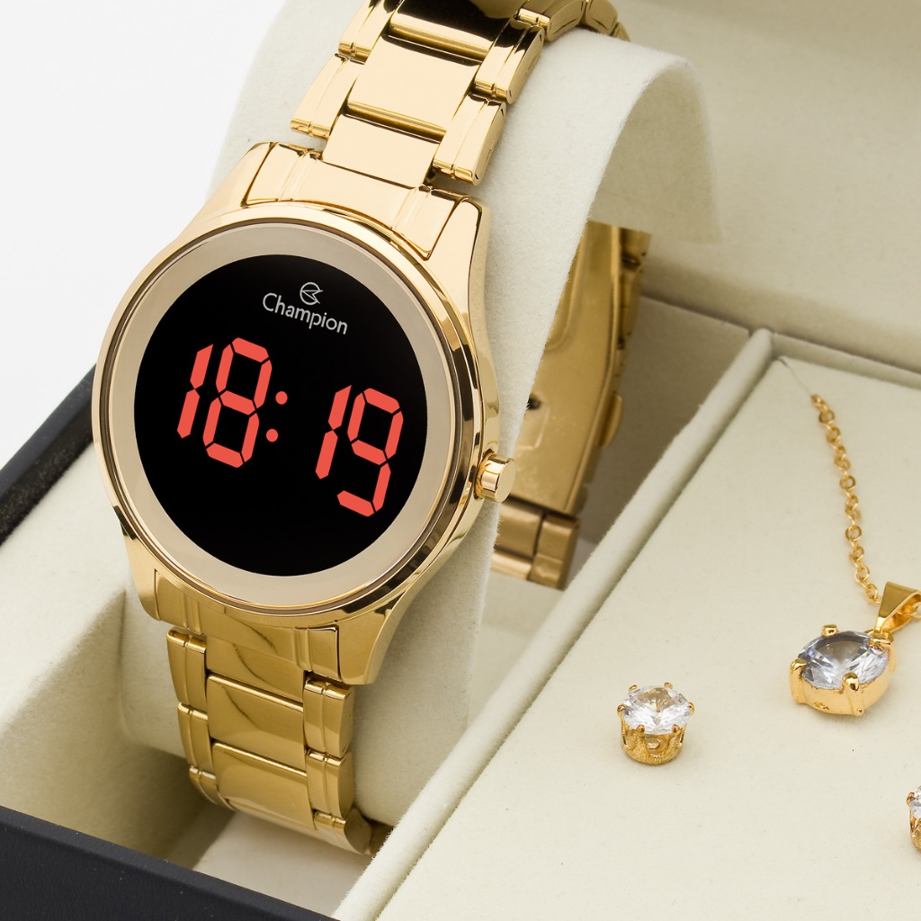 Relógio Digital Feminino Dourado Champion Led Vermelho Kit Colar e