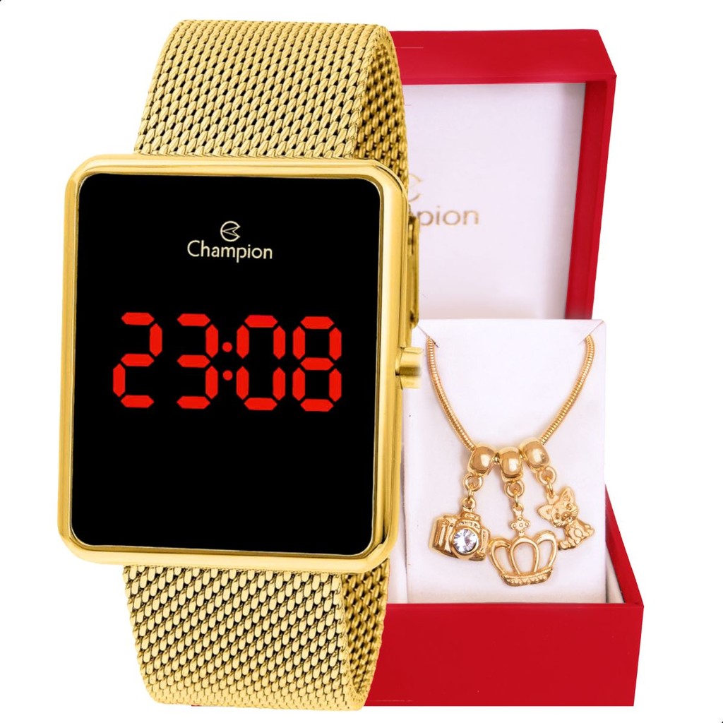 Relógio Digital Feminino Dourado Quadrado Champion Original CH40083V