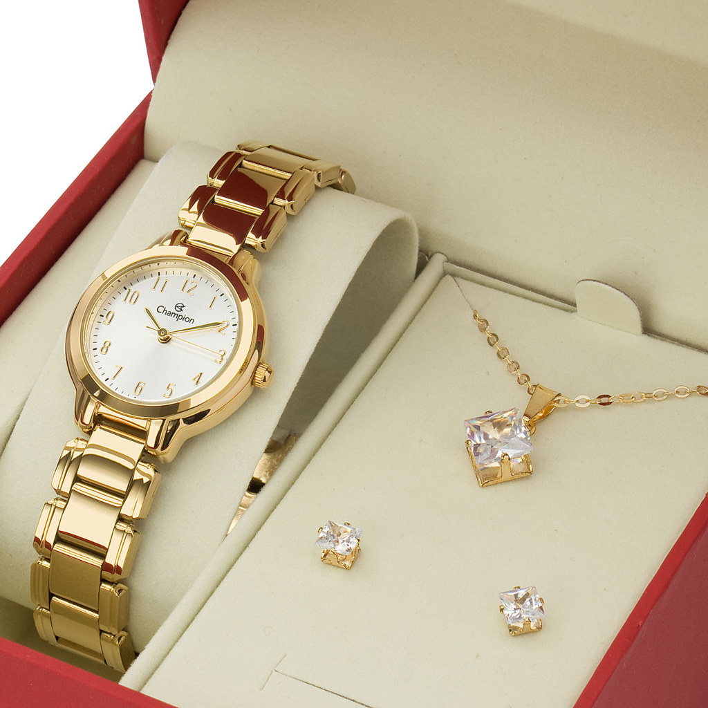 Relógio Feminino Dourado Champion Números Completos Kit Colar e