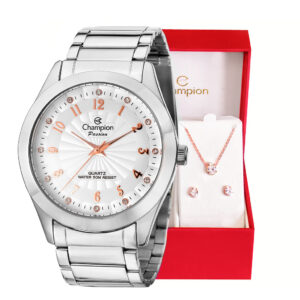 Relógio Prata feminino Champion Analógico Original Conjunto Colar E