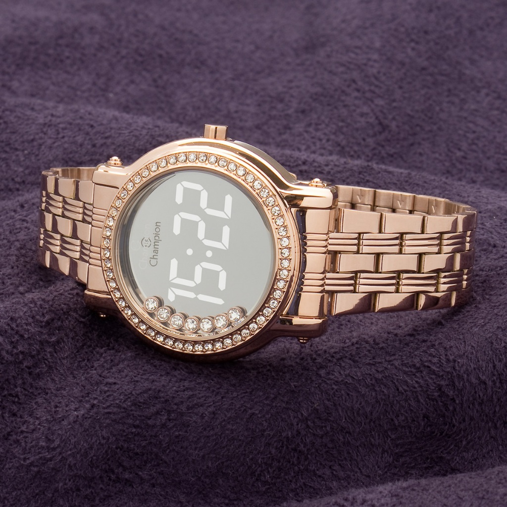 Relógio Rose Digital Champion Strass Led Branco CH48055P Original Luxo