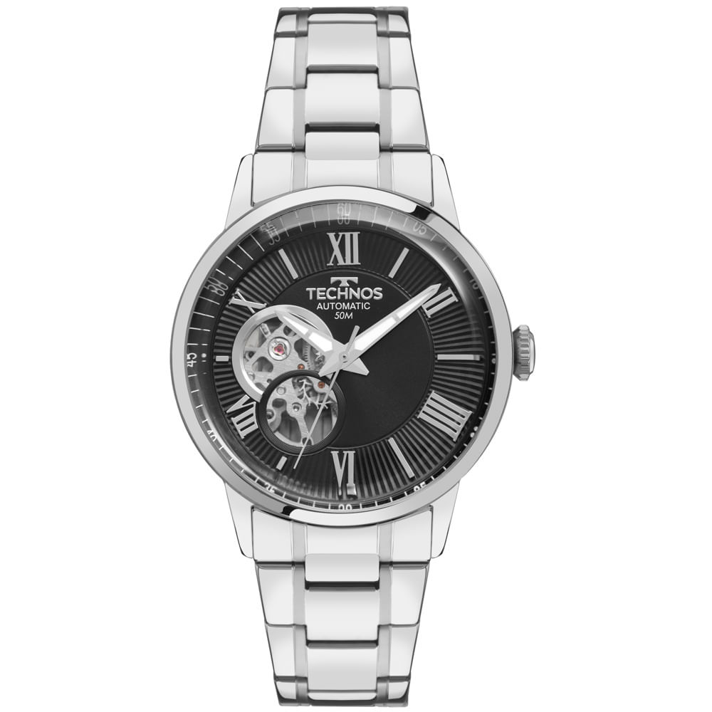 Relógio Technos Masculino Automático Open Heart Prata G3265BK 1P