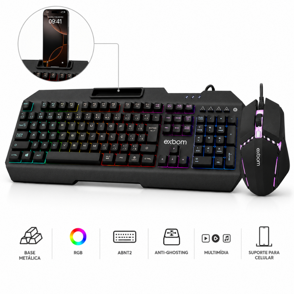 Teclado Gamer Base Metálica Multimídia Suporte para Celular Combo