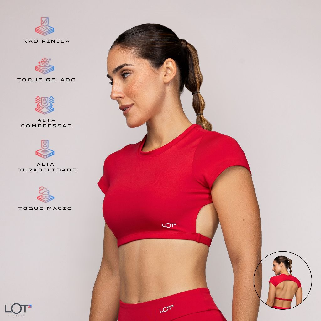 Top Poliamida com Manga Curta Costas Abertas Academia Fitness