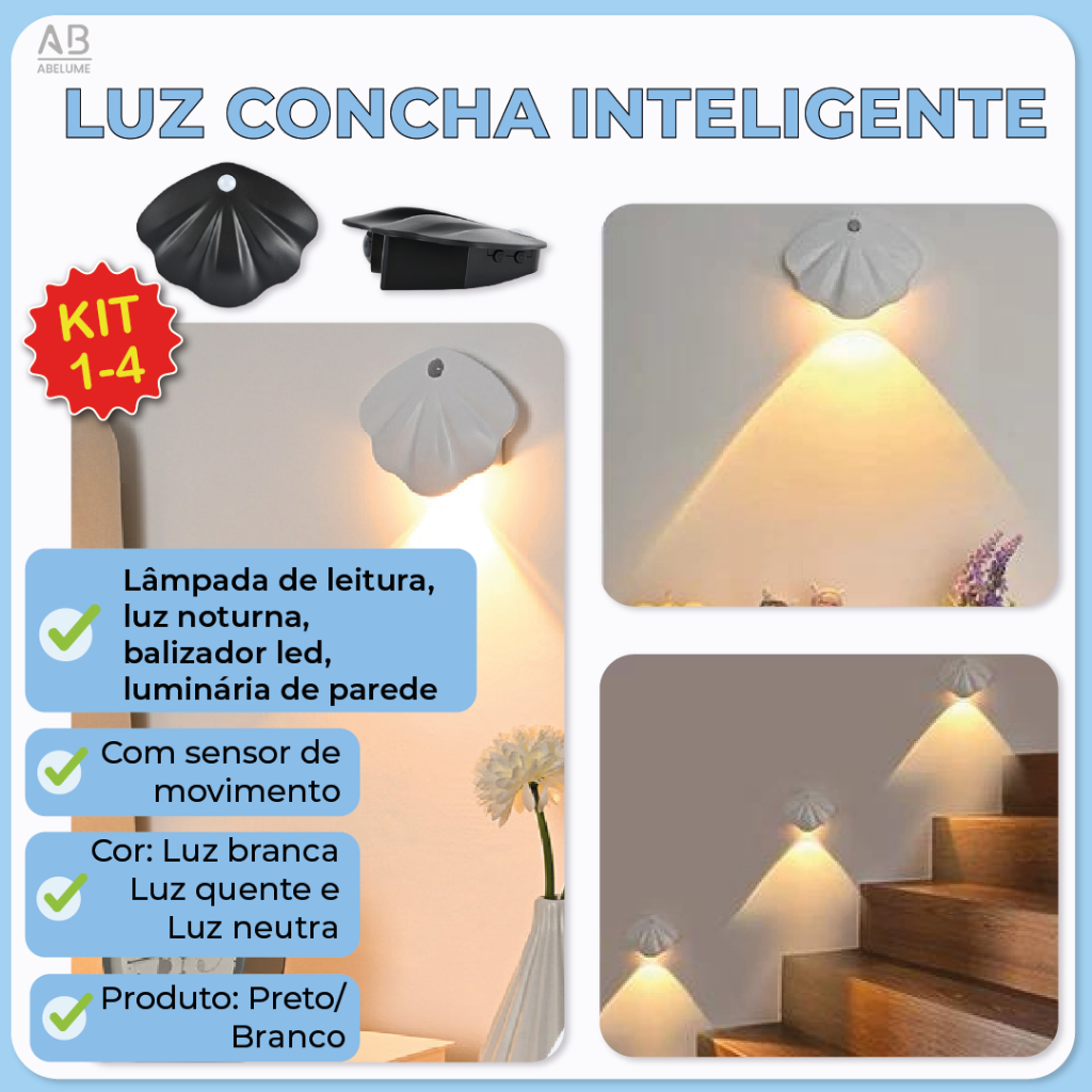 Variação de 1 a 4 itens Luminária Arandela Led Concha Inteligente Com