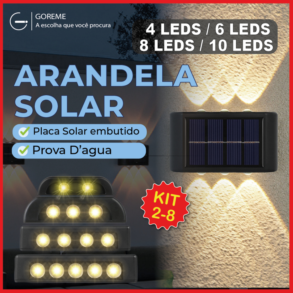Variação de 2 a 8 itens Luminária Arandela Solar 4 6 8 10 LED Luz