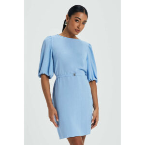 Vestido Feminino Curto Manga Bufante Marialícia Azul