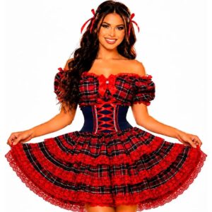 Vestido Feminino de Festa Junina Luxo Xadrez Super Rodado Acinturado