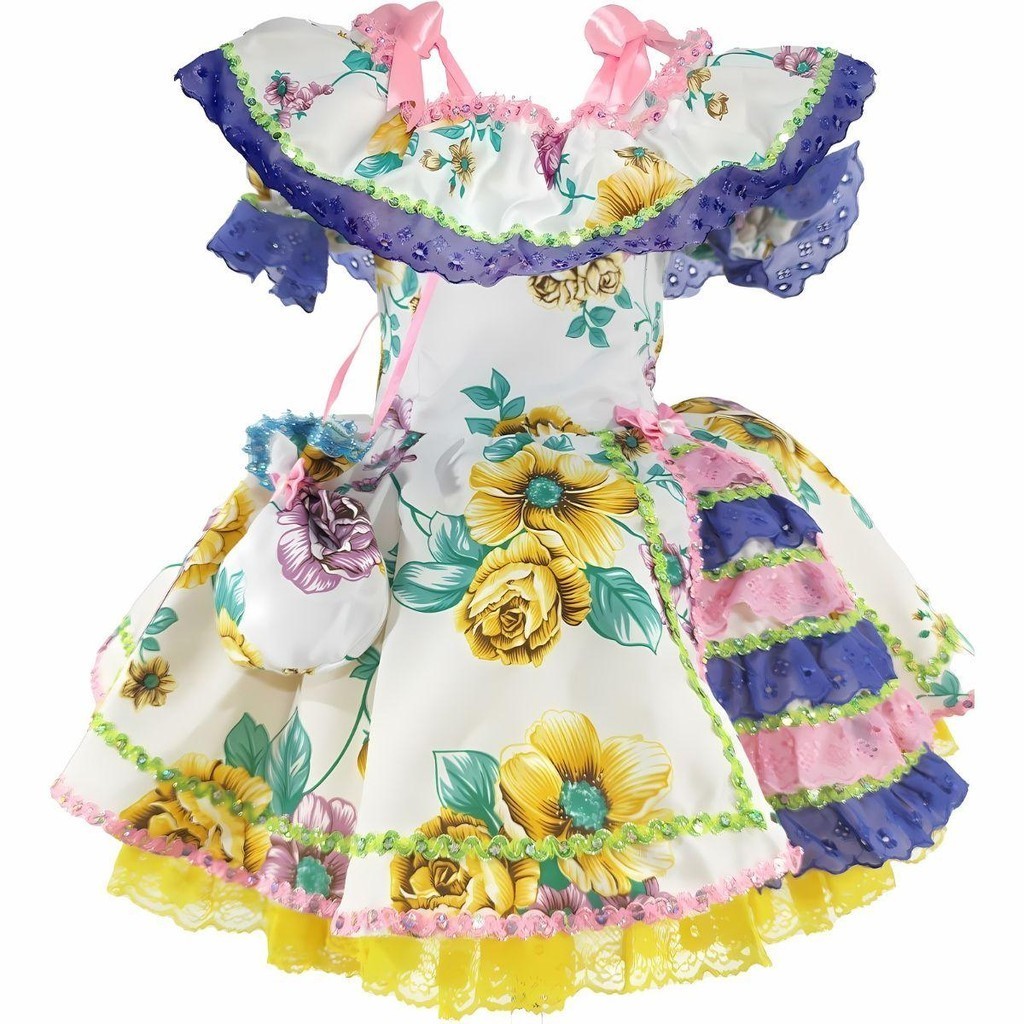 Vestido Feminino Festa Junina Luxo Rosa e Roxo Rodado Acinturado
