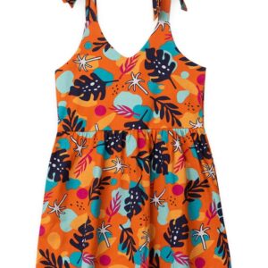 Vestido Feminino Infantil Verão Folhagem Laranja