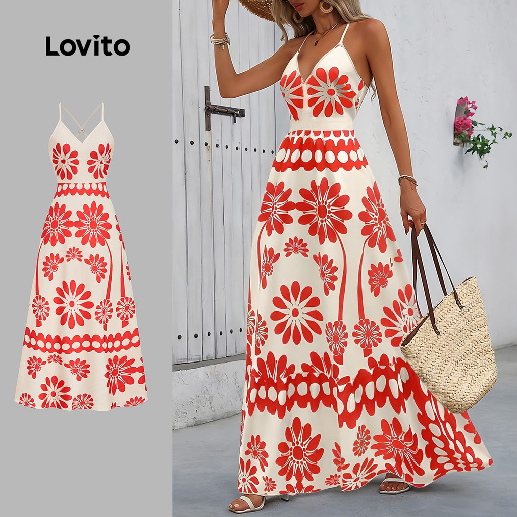 Vestido Feminino Lovito Nacional Longo Boho Étnico Estampado Carnaval